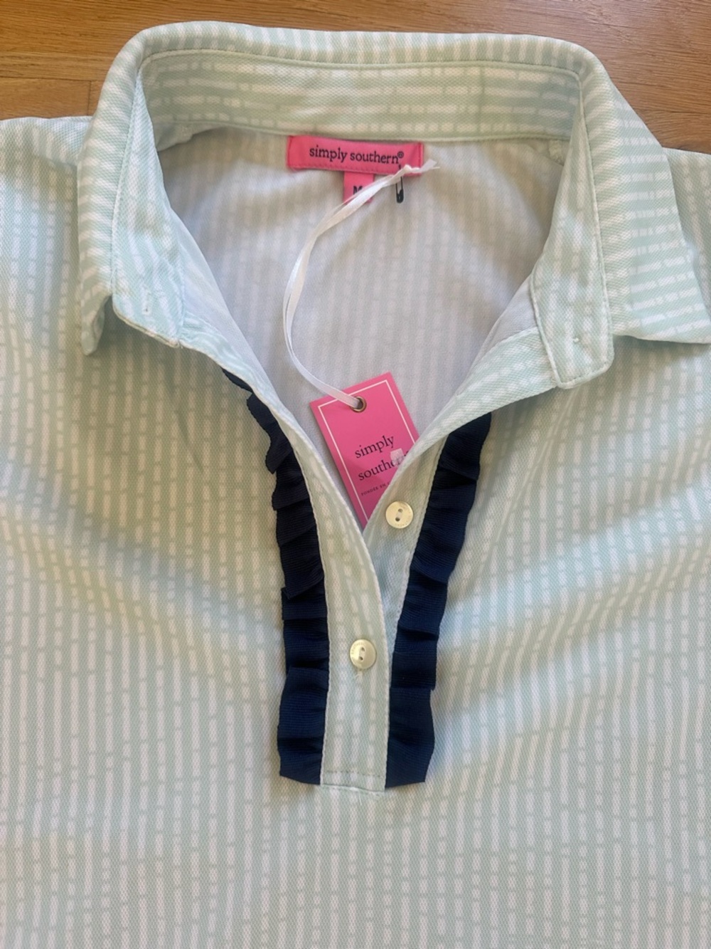 Simply Southern Mint Polo Dress with Navy Ruffle Placket - Picture 2 of 3